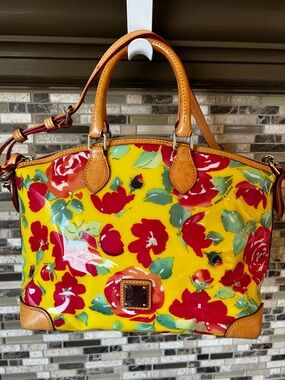 Dooney & Bourke Yellow Floral Patent Satchel with Tan Trim